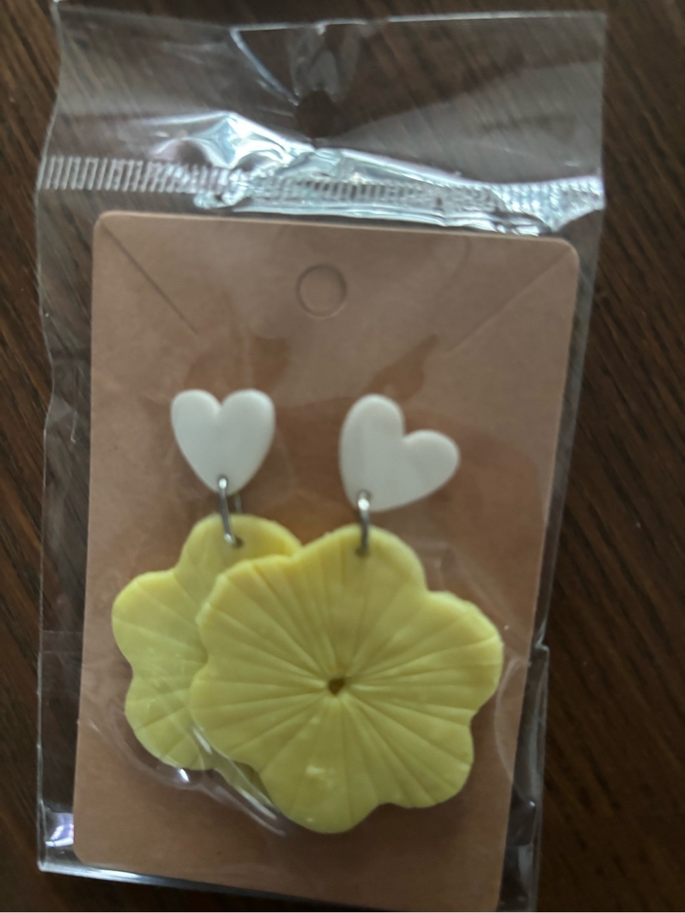 Yellow Floral Drop Earrings with White Heart Studs